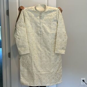 Custom made pakistani men outfit, cream glitter sequence